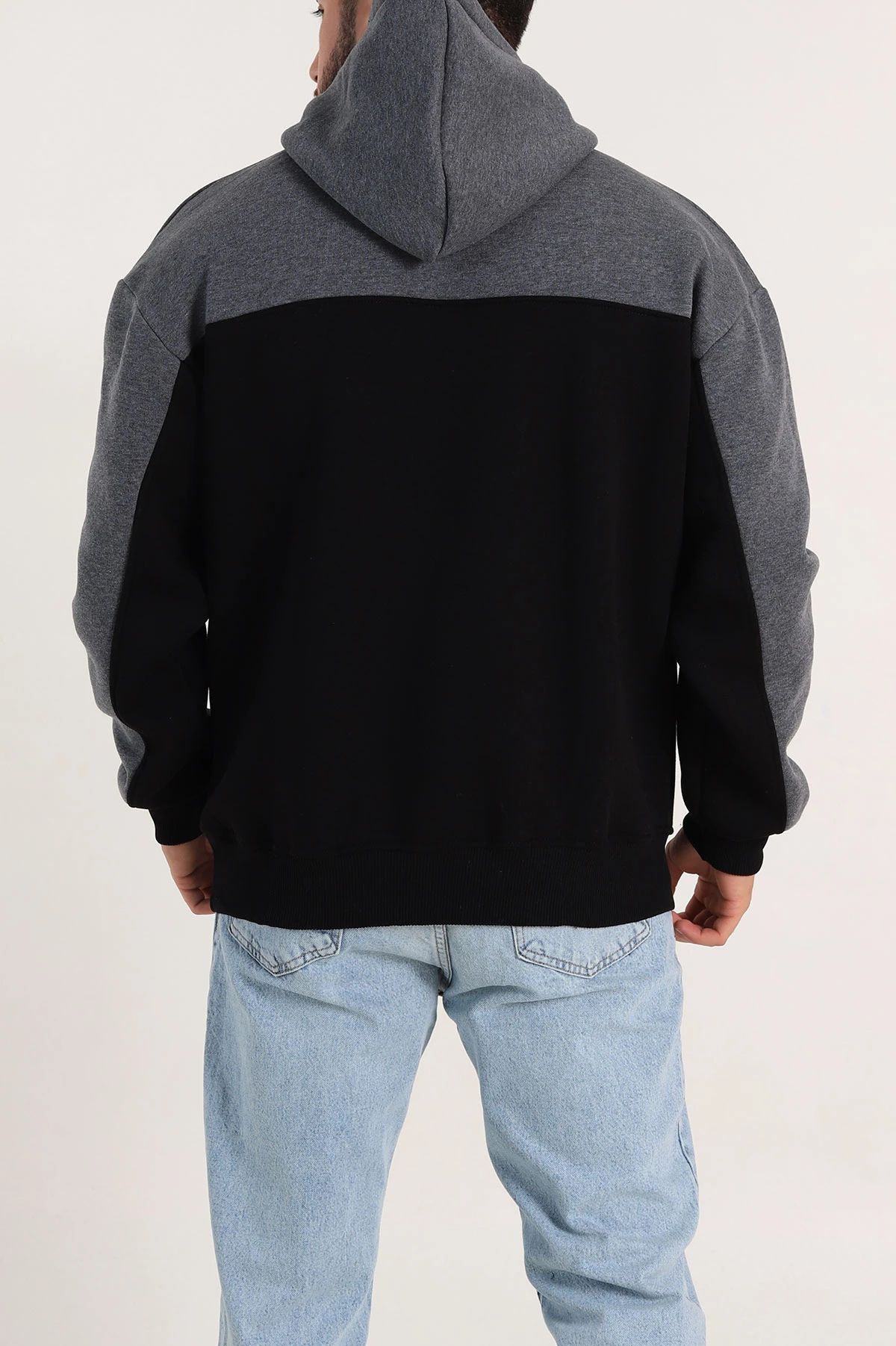 Siyah Oversize Parçalı Üç İp Şardonlu Kapüşonlu Erkek Sweatshirt 306474