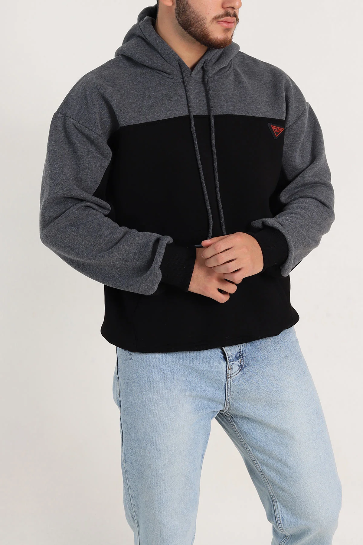 Siyah Oversize Parçalı Üç İp Şardonlu Kapüşonlu Erkek Sweatshirt 306474