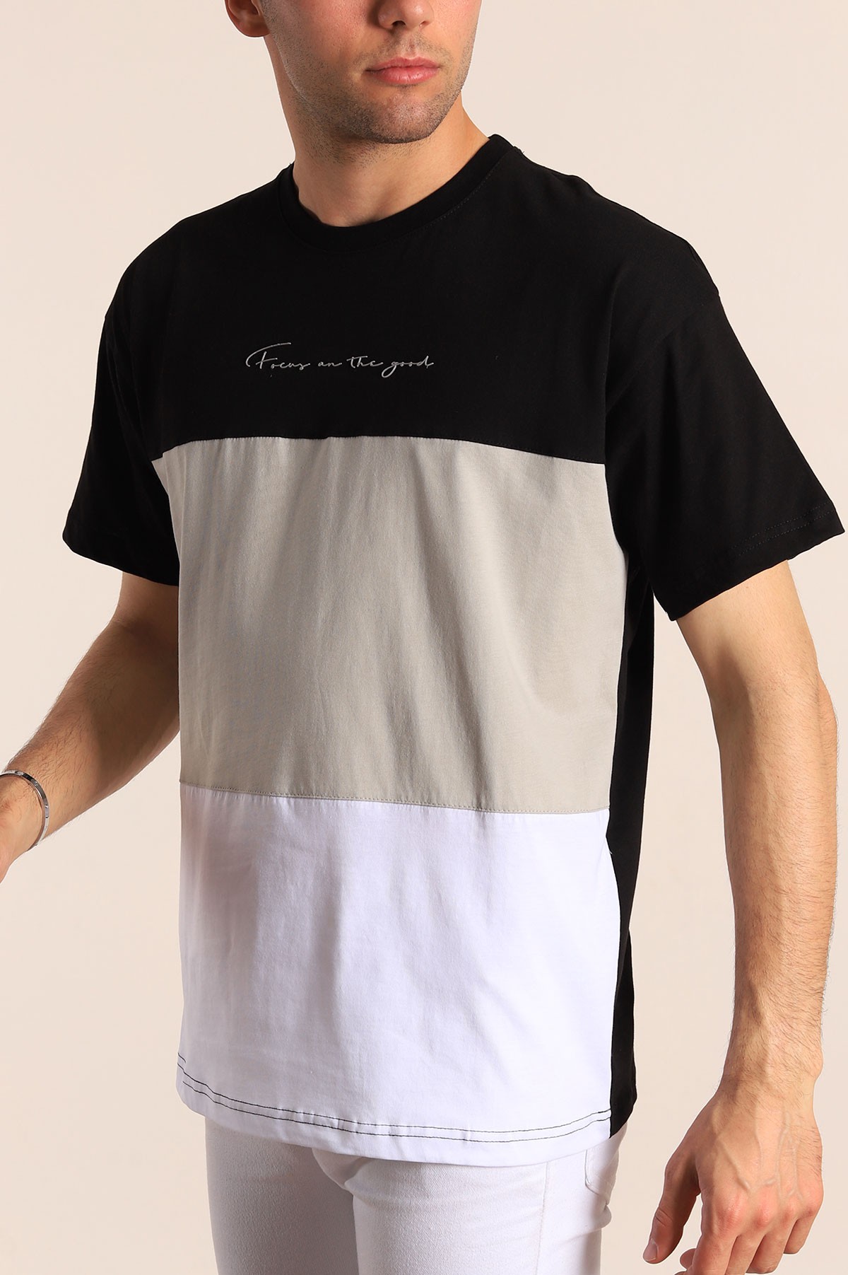 Siyah Oversize Parçalı Yazı Detay Erkek Tişört 184316