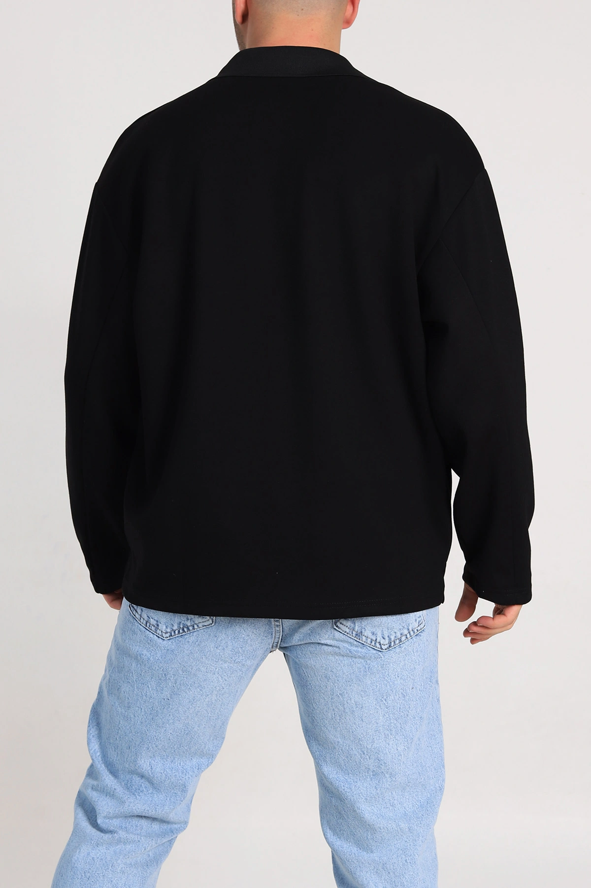 Siyah Oversize Polo Yaka Erkek Sweatshirt 306969