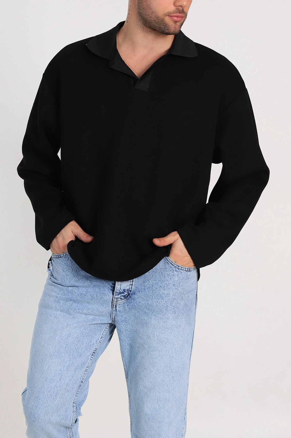 Siyah Oversize Polo Yaka Erkek Sweatshirt 306969