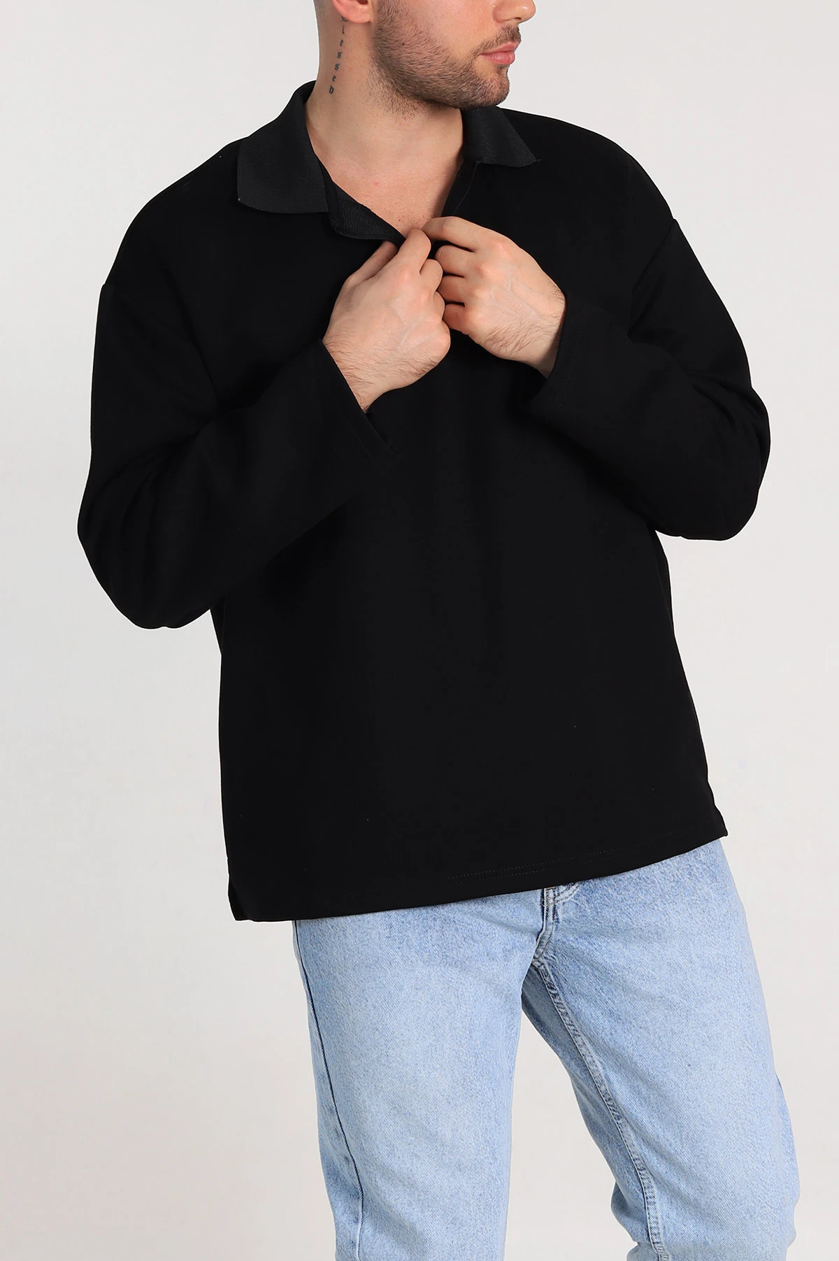 Siyah Oversize Polo Yaka Erkek Sweatshirt 306969