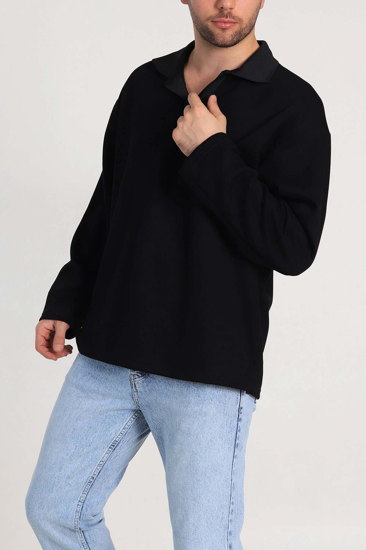 Siyah Oversize Polo Yaka Erkek Sweatshirt 306969
