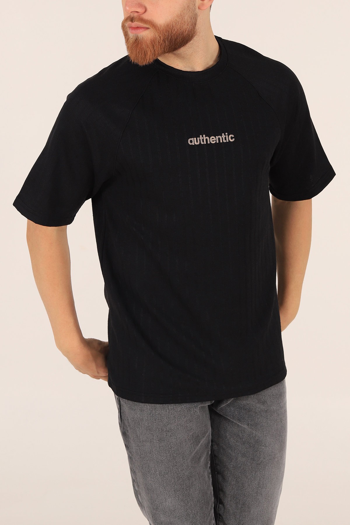 Siyah Oversize Reglan Kol Baskılı Erkek Tişört 174337