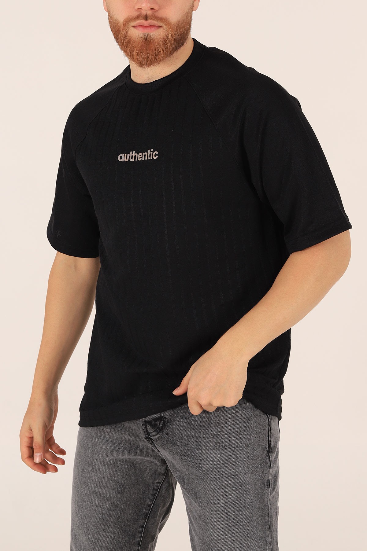 Siyah Oversize Reglan Kol Baskılı Erkek Tişört 174337