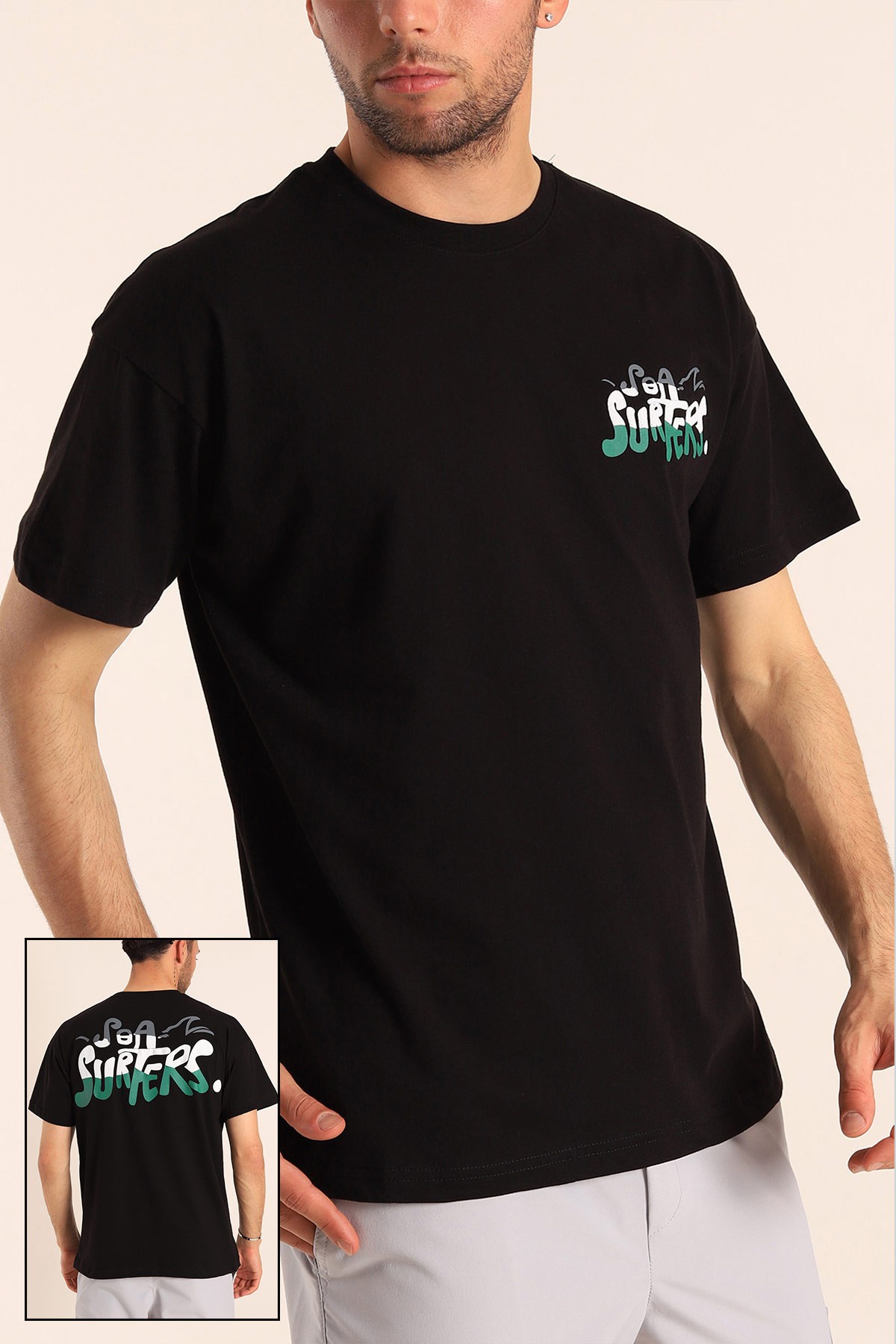 Siyah Oversize Sea Surfers Sırt Kabartmalı Erkek Tişört 184265