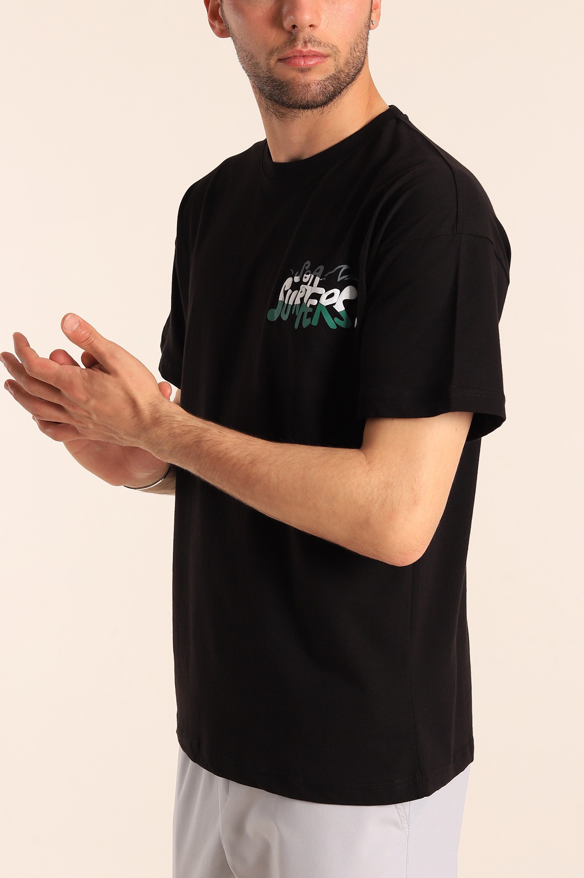 Siyah Oversize Sea Surfers Sırt Kabartmalı Erkek Tişört 184265