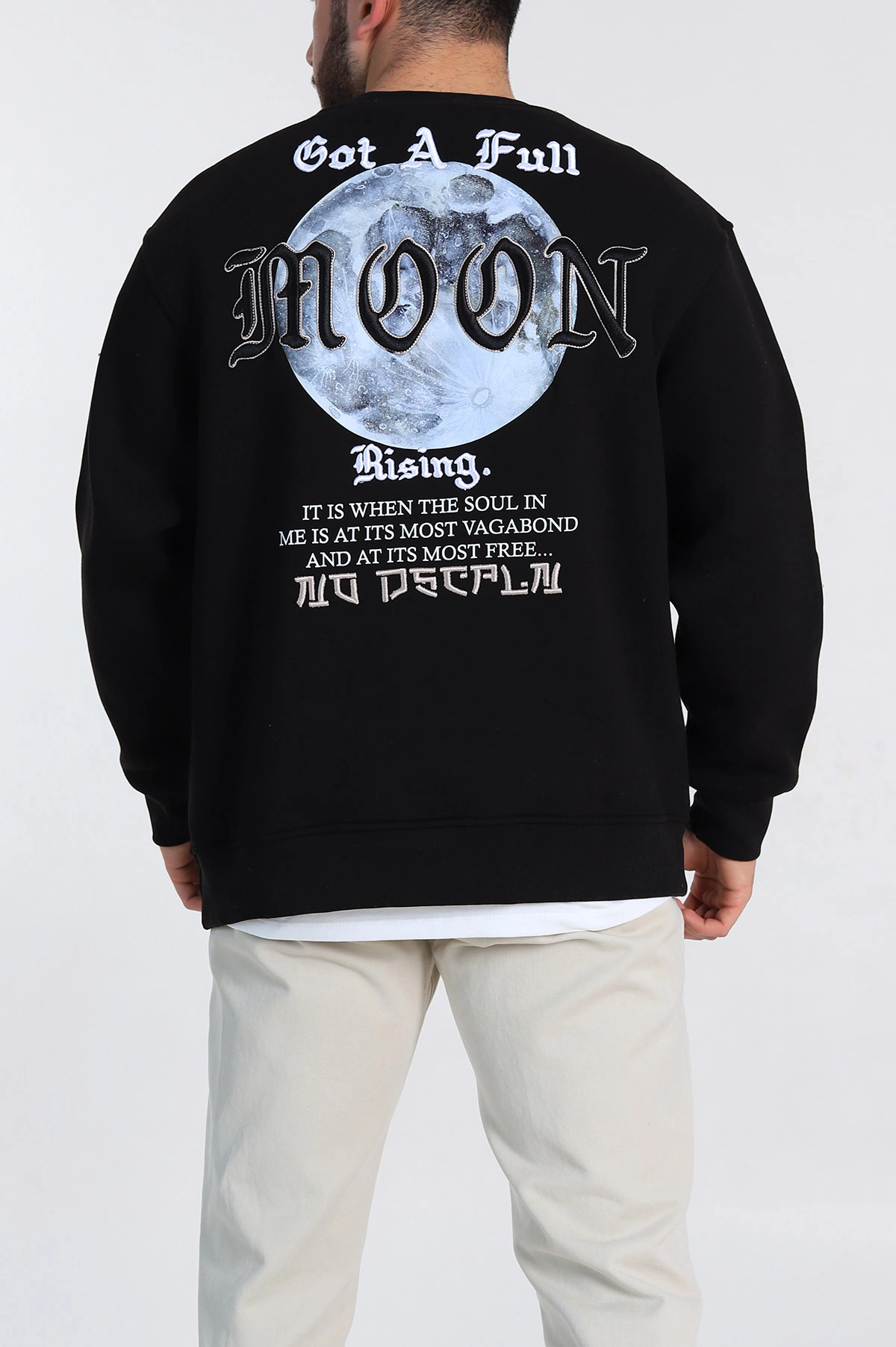 Siyah Oversize Sırt Nakış Detaylı Baskılı Erkek Sweatshirt 306975