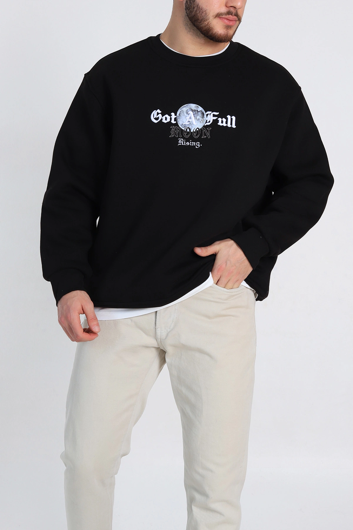 Siyah Oversize Sırt Nakış Detaylı Baskılı Erkek Sweatshirt 306975