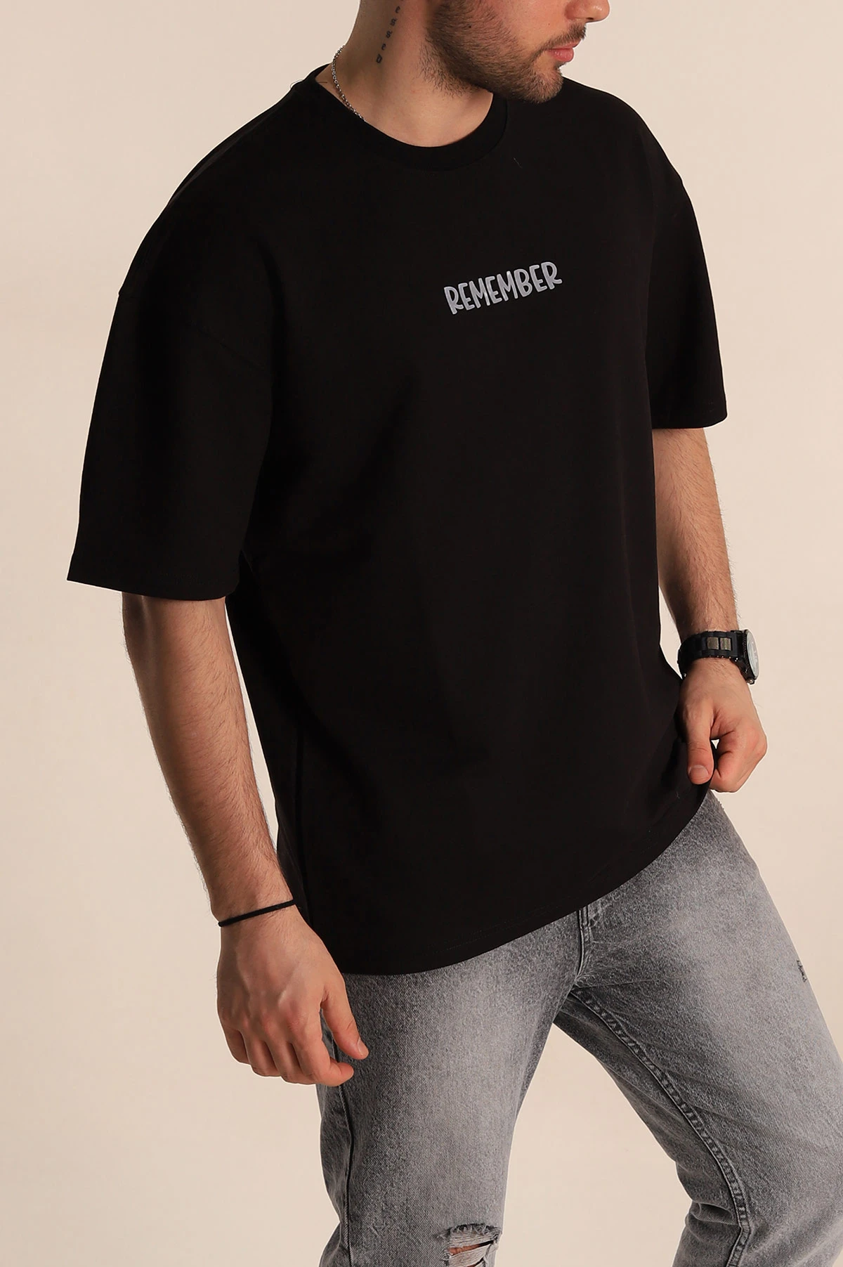 Siyah Oversize Suprem Kumaş Kabartma Yazılı Erkek Tişört 267448