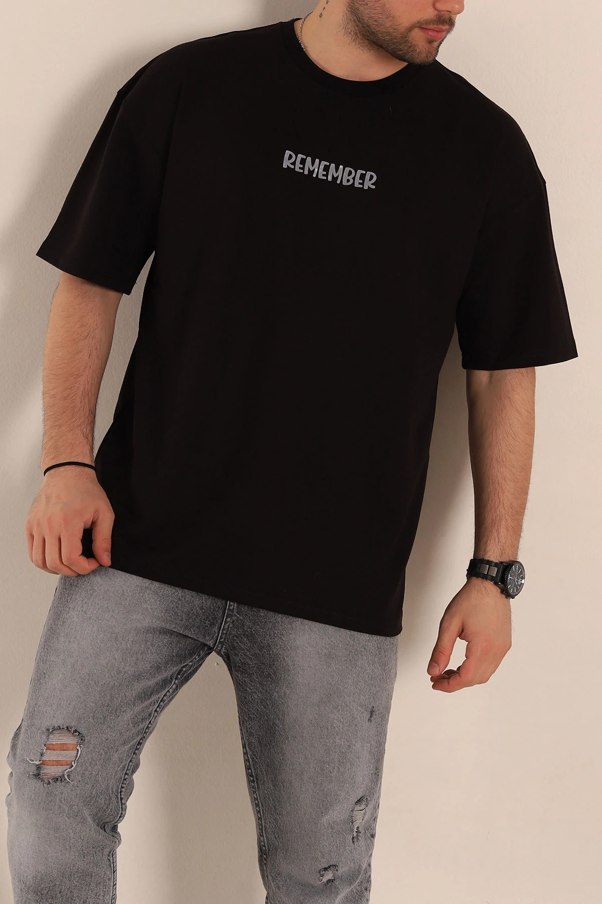 Siyah Oversize Suprem Kumaş Kabartma Yazılı Erkek Tişört 267448