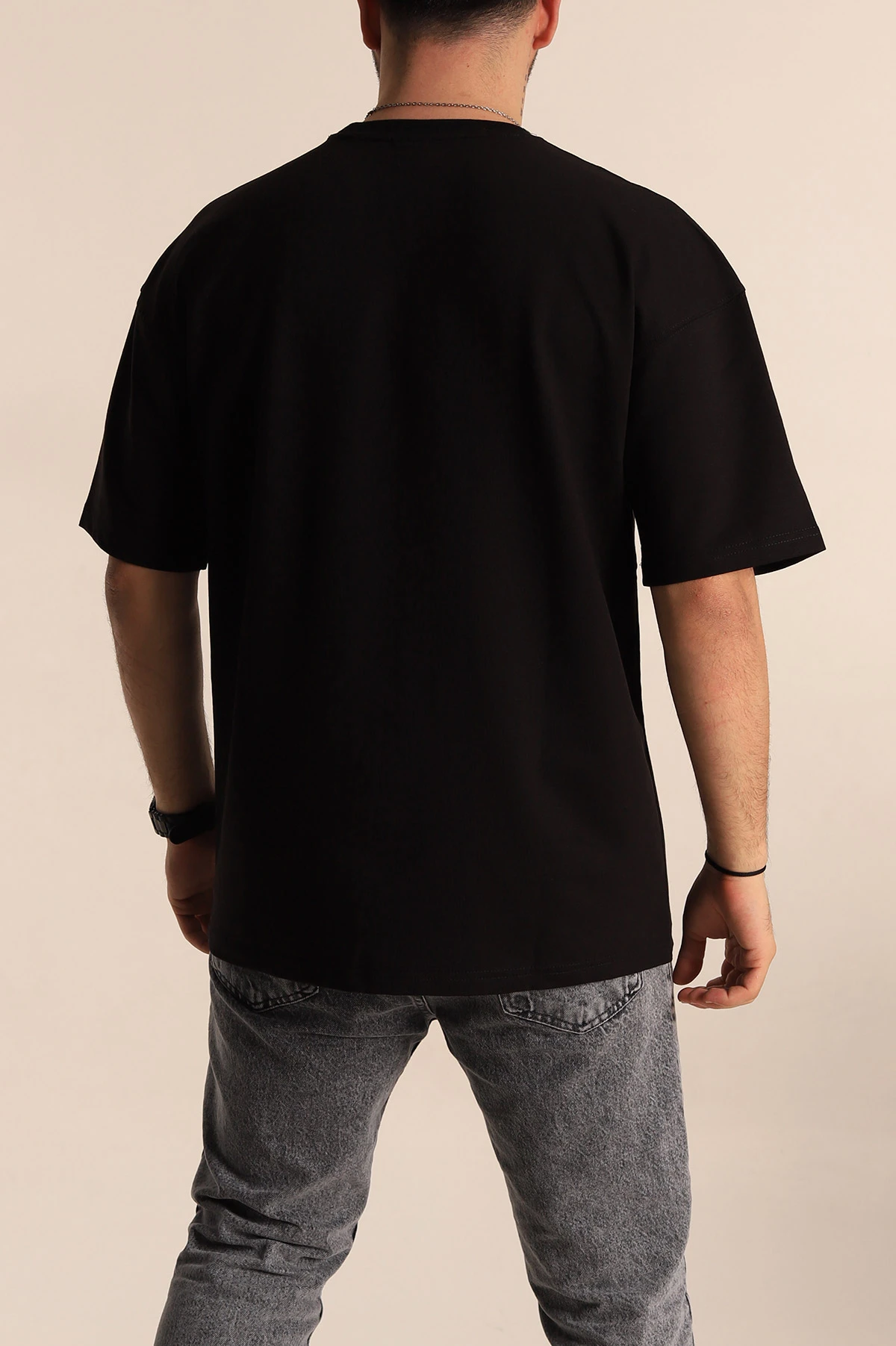 Siyah Oversize Suprem Kumaş Kabartma Yazılı Erkek Tişört 267448