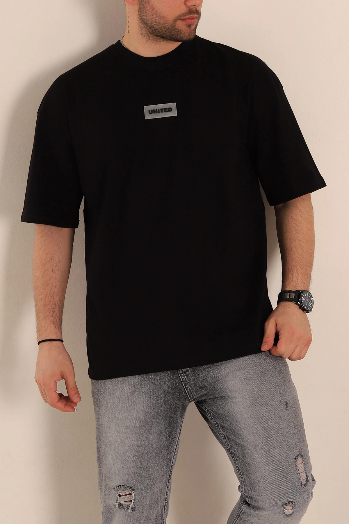 Siyah Oversize Suprem Kumaş Plastik Baskı Detaylı Erkek Tişört 267356