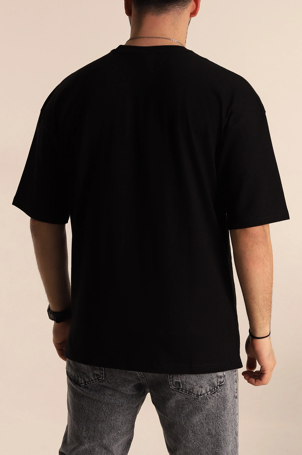 Siyah Oversize Suprem Kumaş Plastik Baskı Detaylı Erkek Tişört 267356