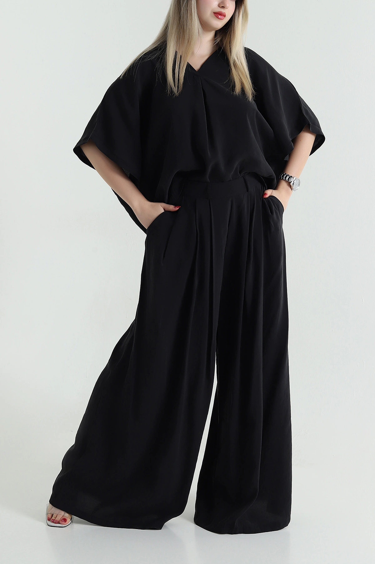 Siyah Oversize Tencel Kadın İkili Takım 471672
