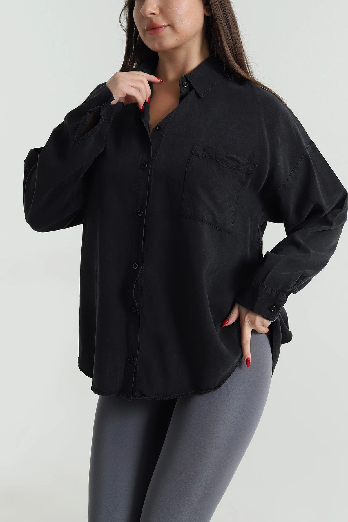 Siyah Oversize Tensel Kadın Gömlek 492647