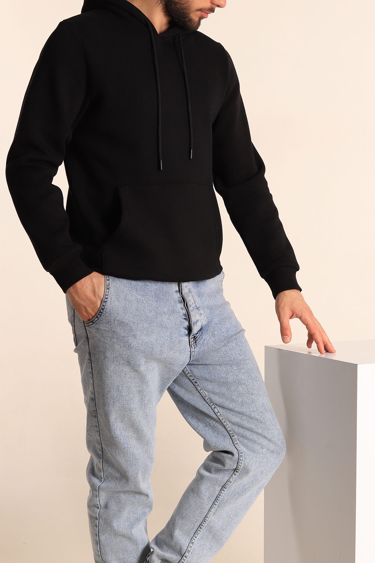 Siyah Oversize Üç İp Şardonlu Basic Kapüşonlu Erkek Sweatshirt 222525