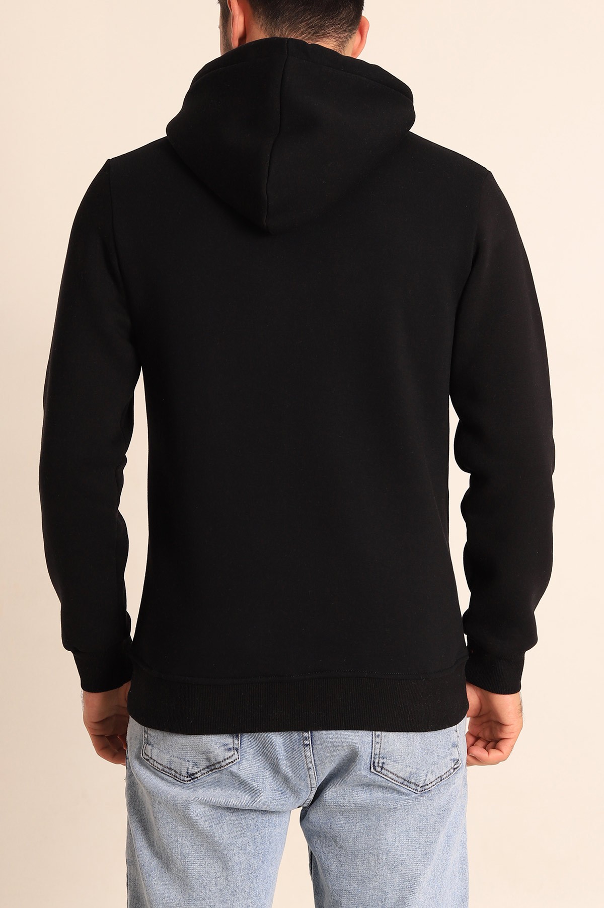Siyah Oversize Üç İp Şardonlu Basic Kapüşonlu Erkek Sweatshirt 222525