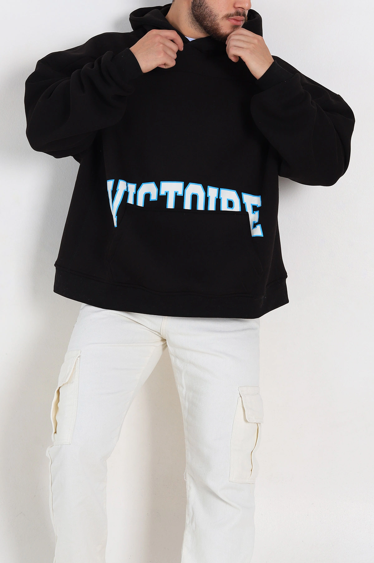 Siyah Oversize Üç İp Şardonlu Baskılı Kanguru Cepli Kapüşonlu Erkek Sweatshirt 307228