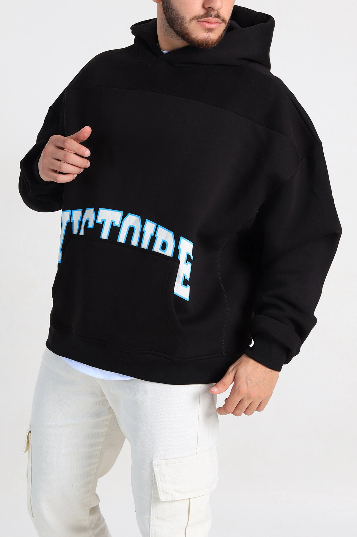 Siyah Oversize Üç İp Şardonlu Baskılı Kanguru Cepli Kapüşonlu Erkek Sweatshirt 307228