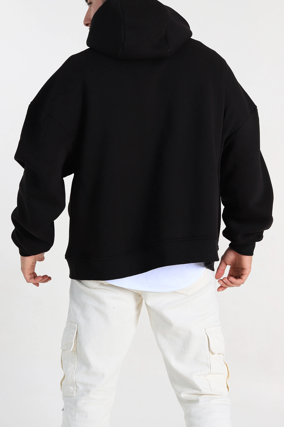 Siyah Oversize Üç İp Şardonlu Baskılı Kanguru Cepli Kapüşonlu Erkek Sweatshirt 307228