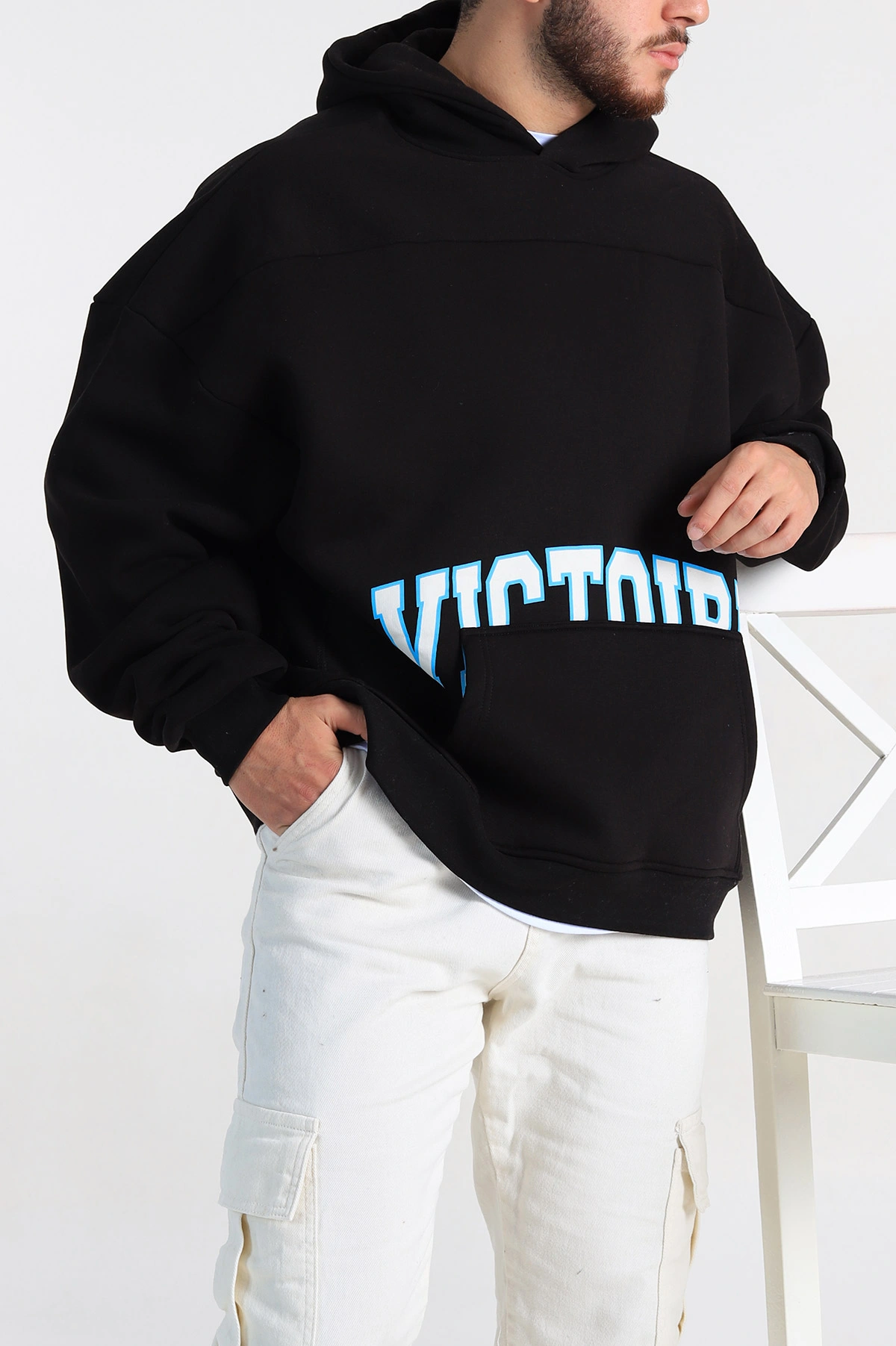 Siyah Oversize Üç İp Şardonlu Baskılı Kanguru Cepli Kapüşonlu Erkek Sweatshirt 307228