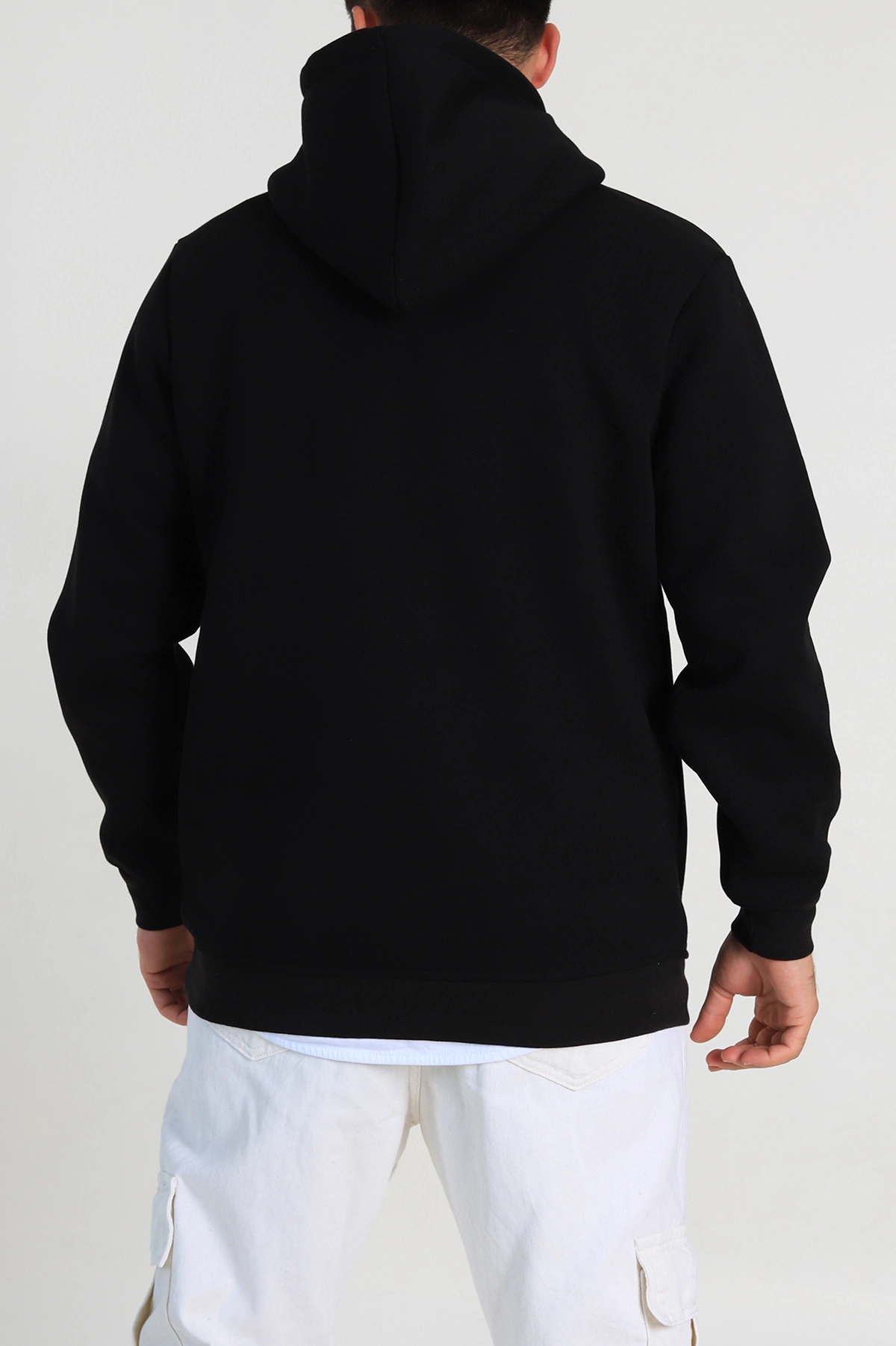 Siyah Oversize Üç İp Şardonlu Erkek Basic Kapüşonlu Sweatshirt 316268