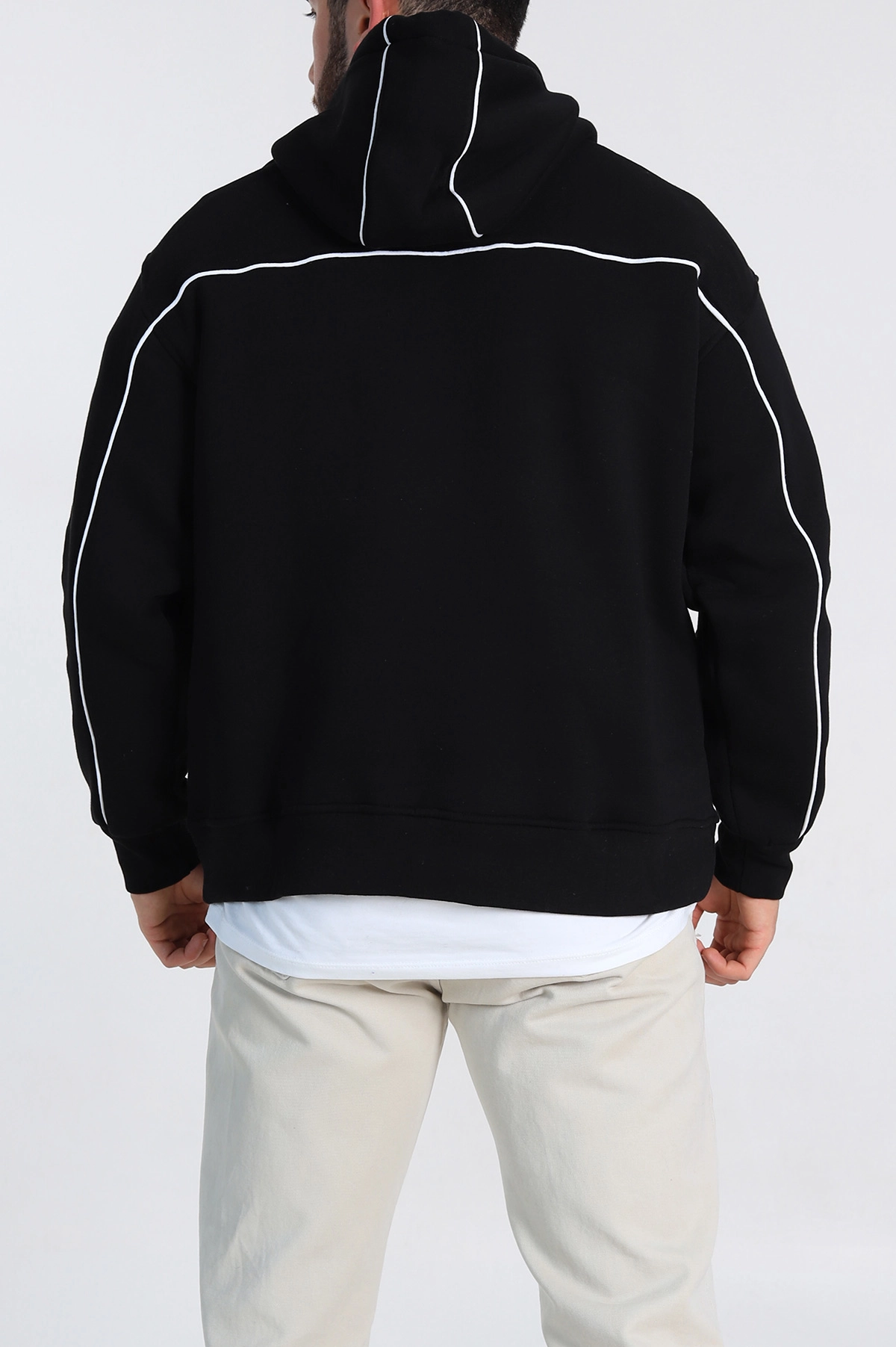 Siyah Oversize Üç İp Şardonlu Kabartma Baskı Detaylı Kapüşonlu Sweatshirt 307218