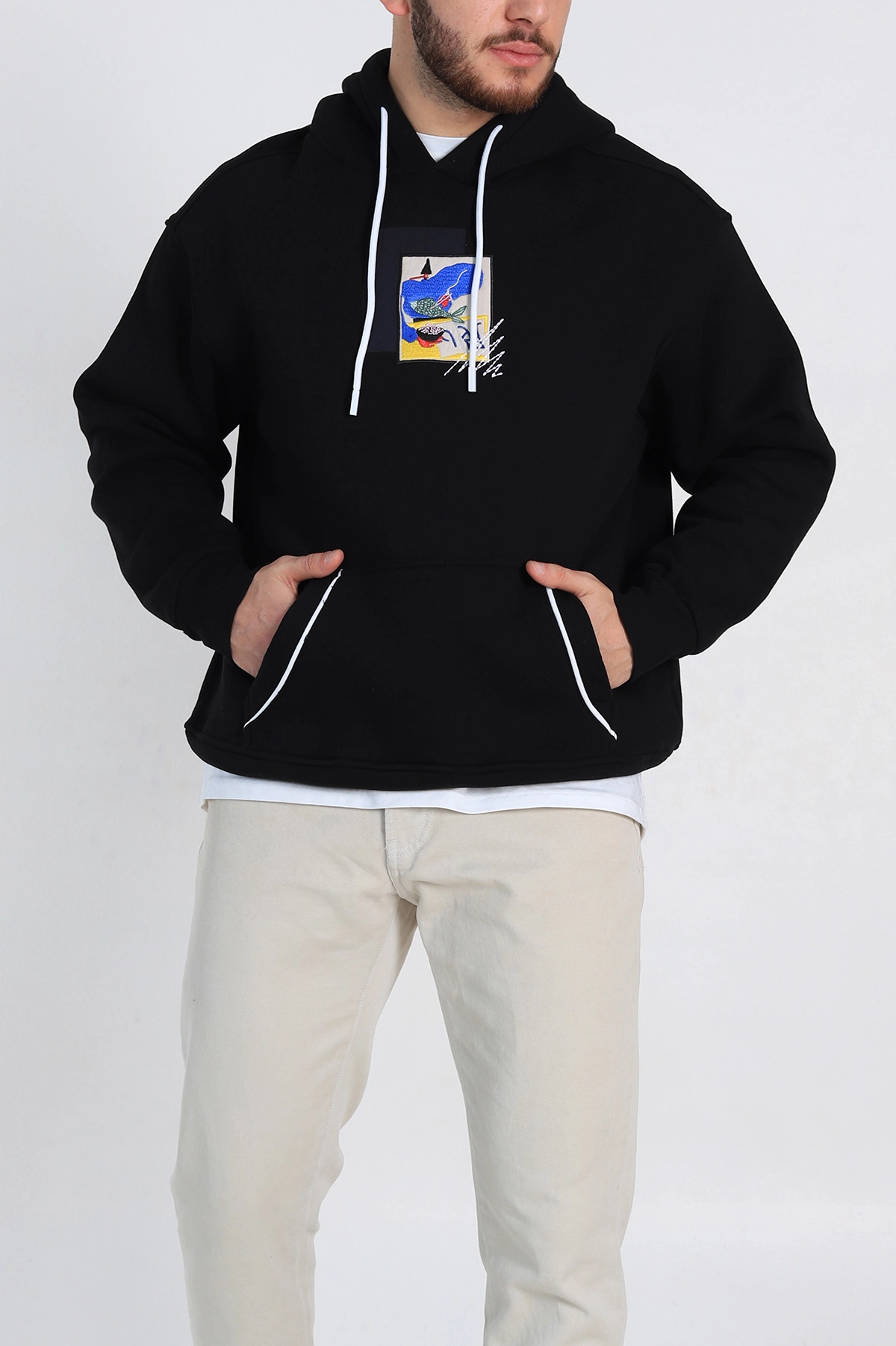 Siyah Oversize Üç İp Şardonlu Kabartma Baskı Detaylı Kapüşonlu Sweatshirt 307218