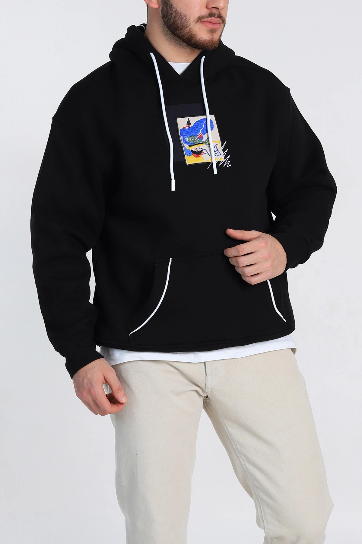Siyah Oversize Üç İp Şardonlu Kabartma Baskı Detaylı Kapüşonlu Sweatshirt 307218