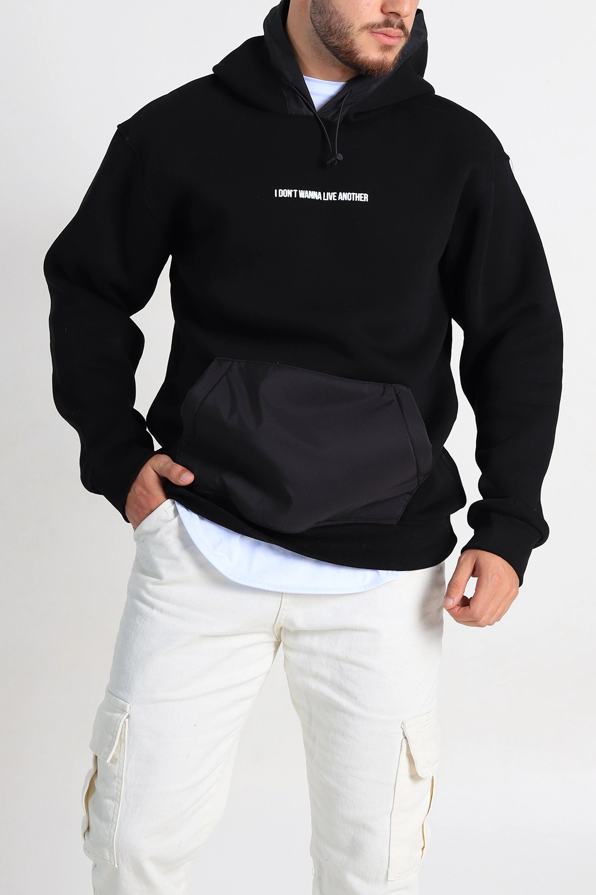 Siyah Oversize Üç İp Şardonlu Kapüşonlu Erkek Sweatshirt 309118