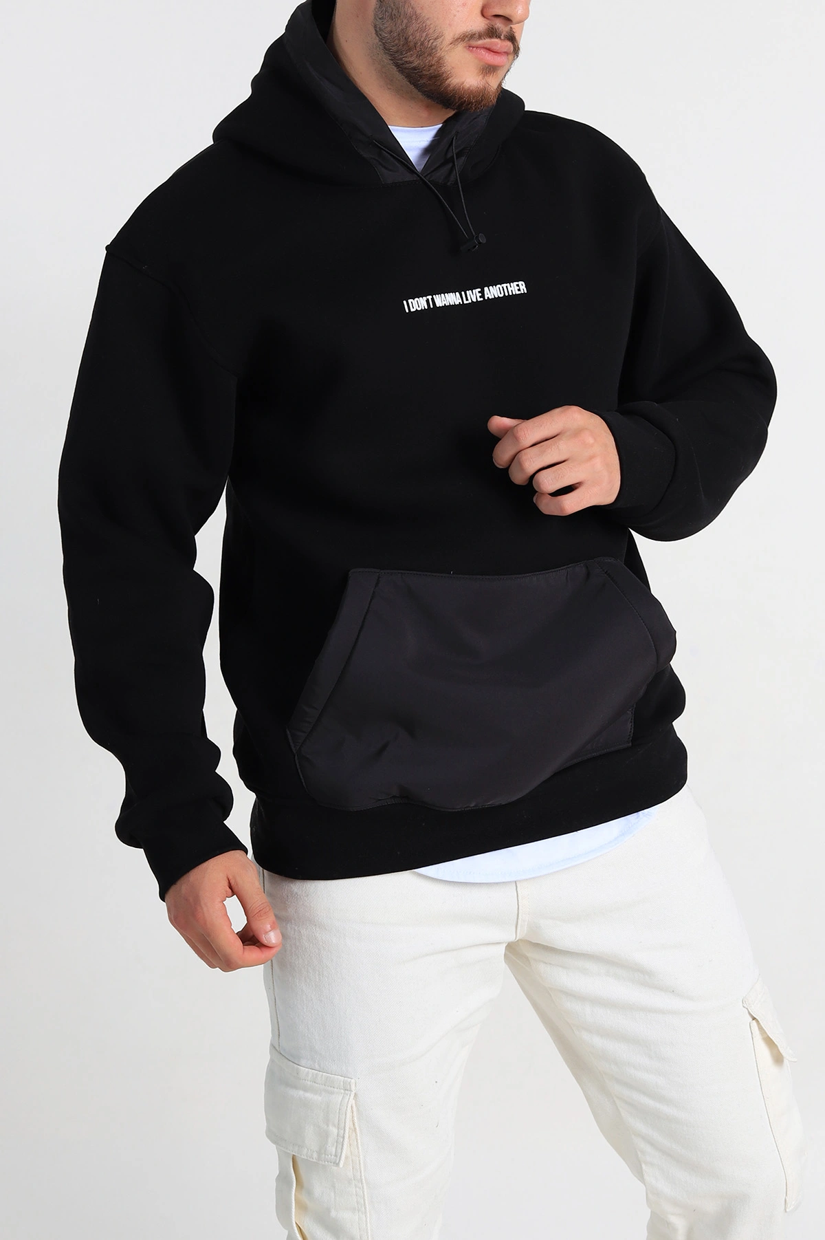 Siyah Oversize Üç İp Şardonlu Kapüşonlu Erkek Sweatshirt 309118