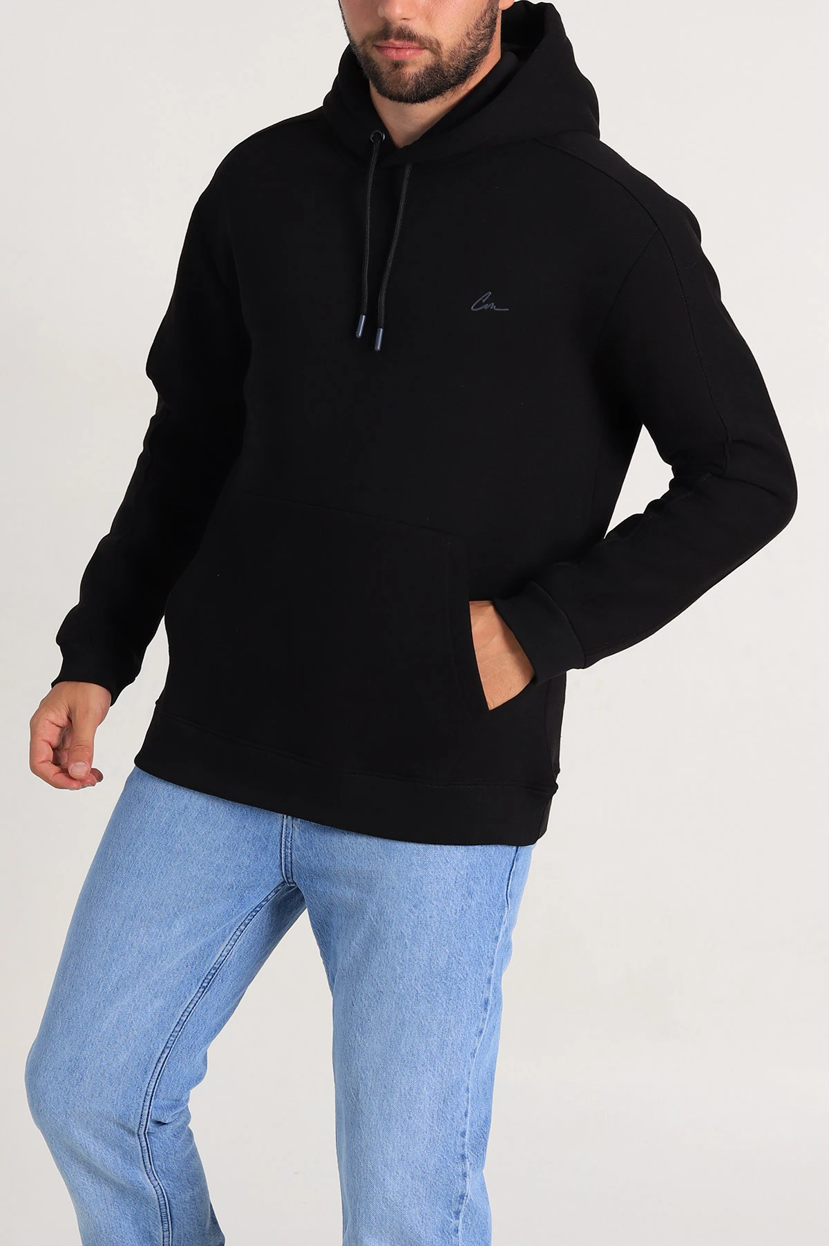 Siyah Oversize Üç İp Şardonlu Kapüşonlu Sweatshirt 300917