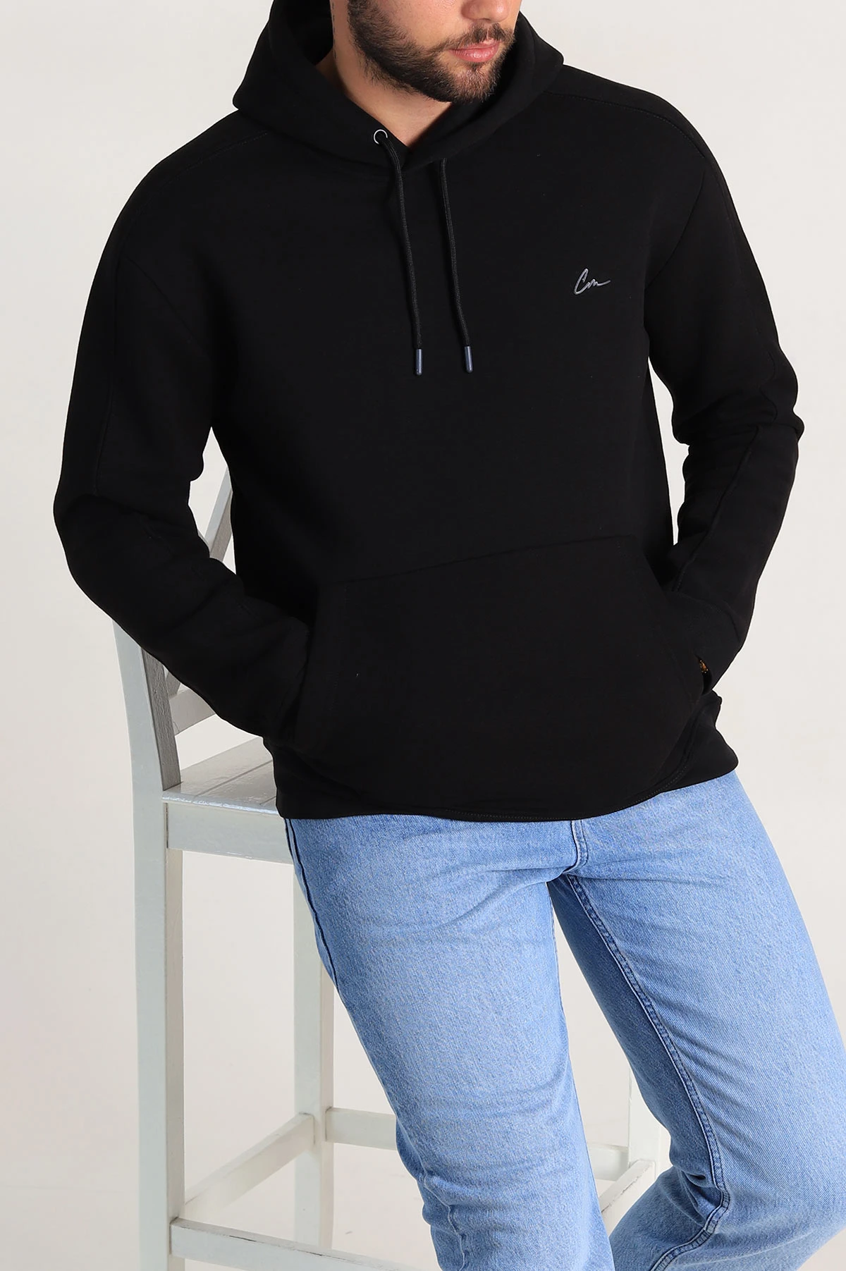Siyah Oversize Üç İp Şardonlu Kapüşonlu Sweatshirt 300917