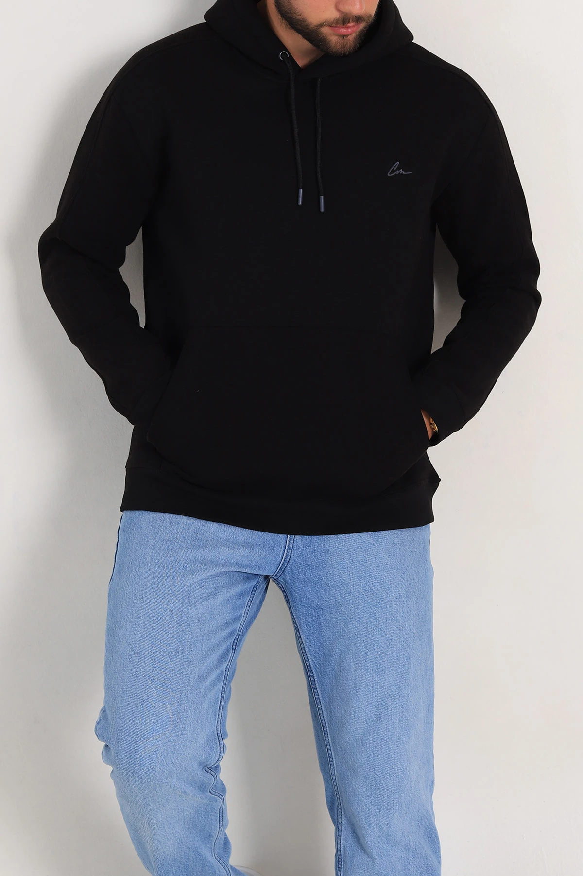 Siyah Oversize Üç İp Şardonlu Kapüşonlu Sweatshirt 300917