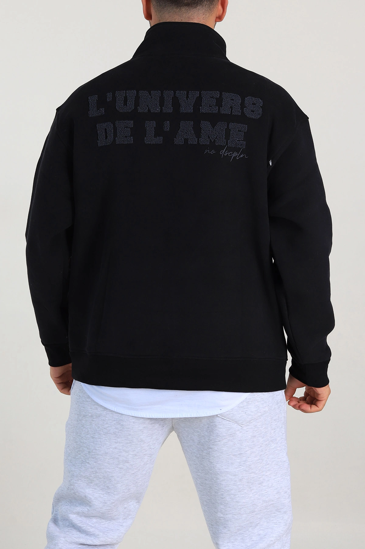 Siyah Oversize Üç İp Şardonlu Nakış Yazı Detaylı Yarım Fermuar Erkek Sweatshirt 306937