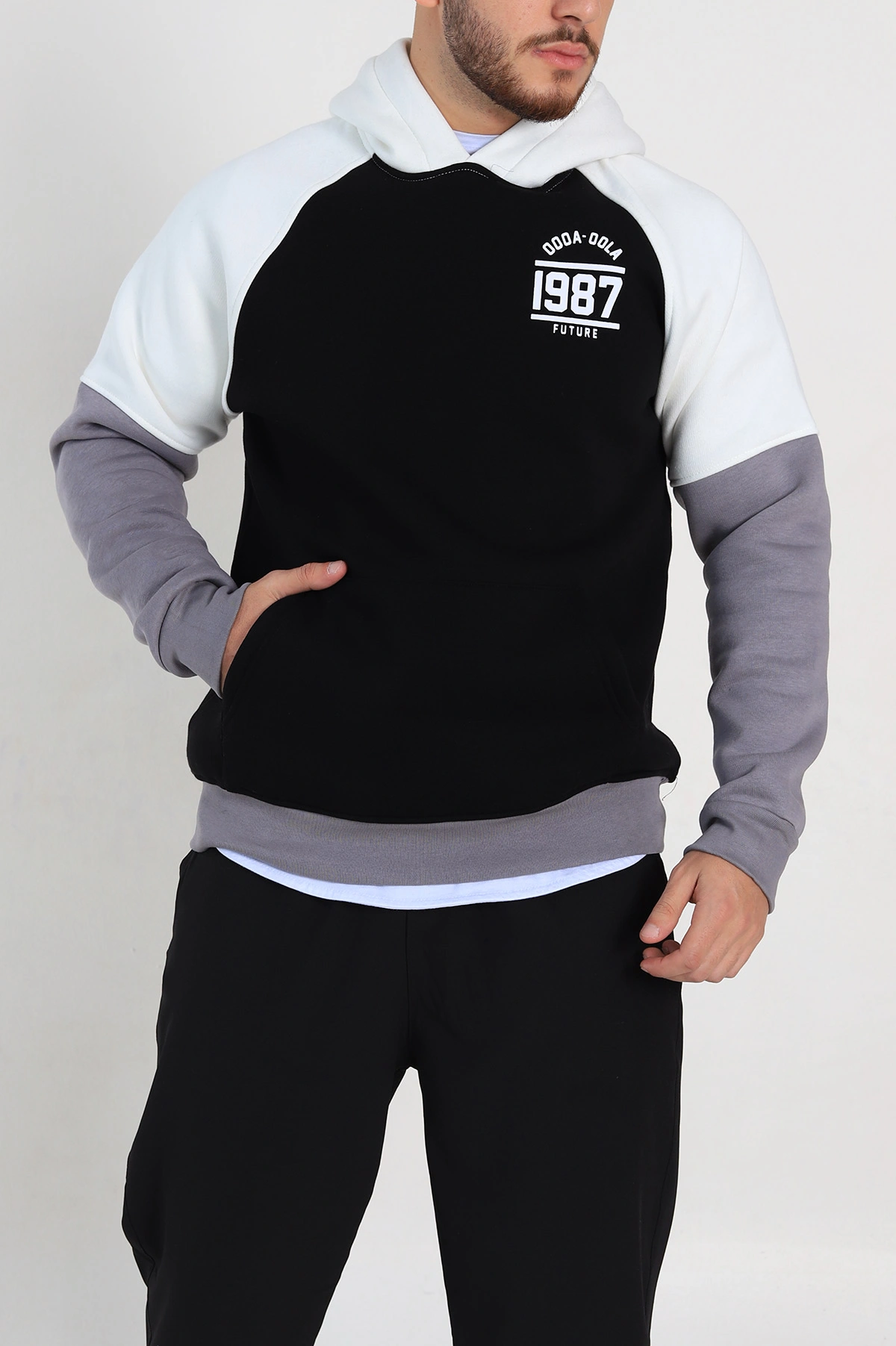 Siyah Oversize Üç İp Şardonlu Yazı Detaylı Kapüşonlu Erkek Sweatshirt 309196