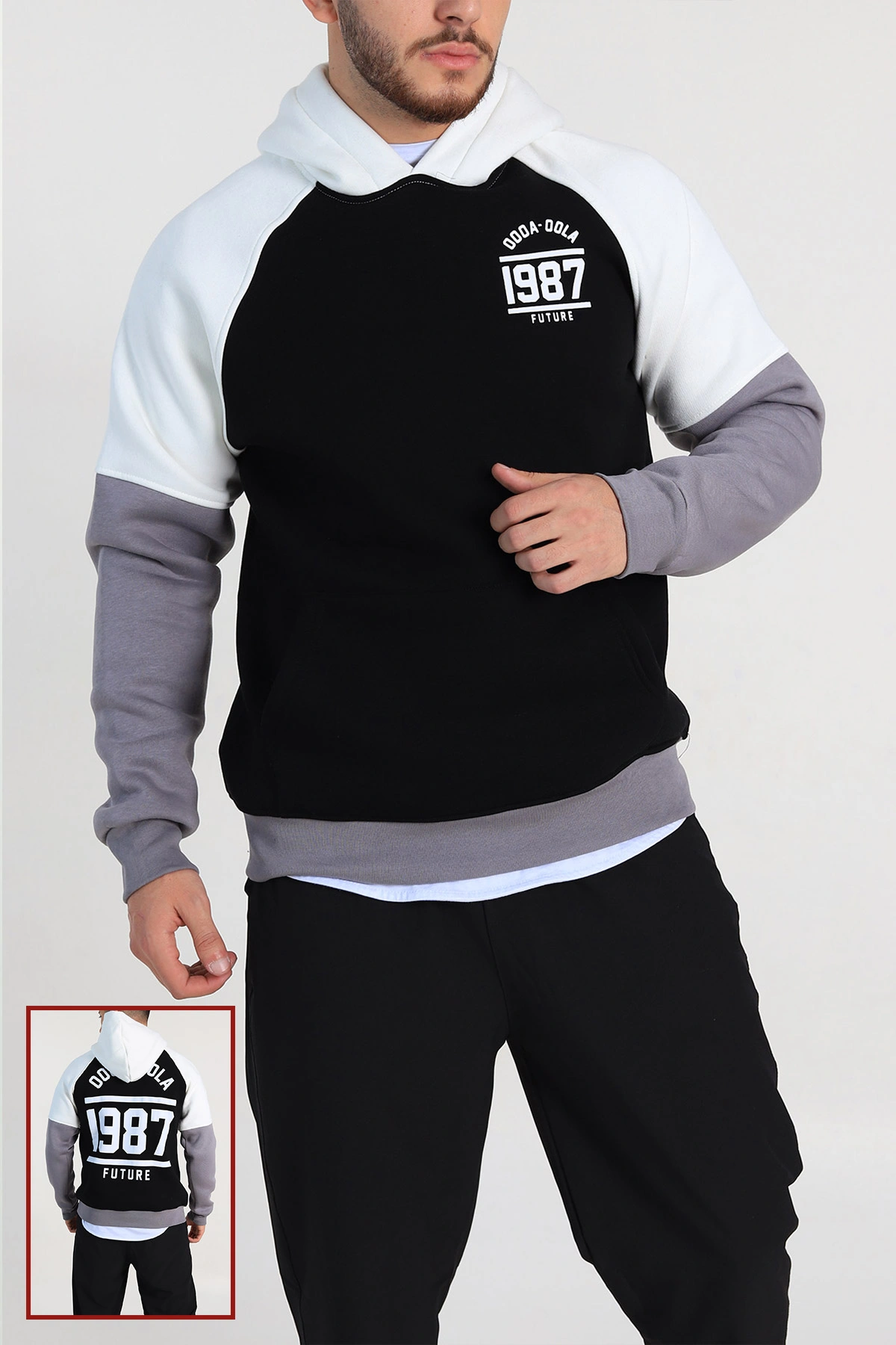 Siyah Oversize Üç İp Şardonlu Yazı Detaylı Kapüşonlu Erkek Sweatshirt 309196