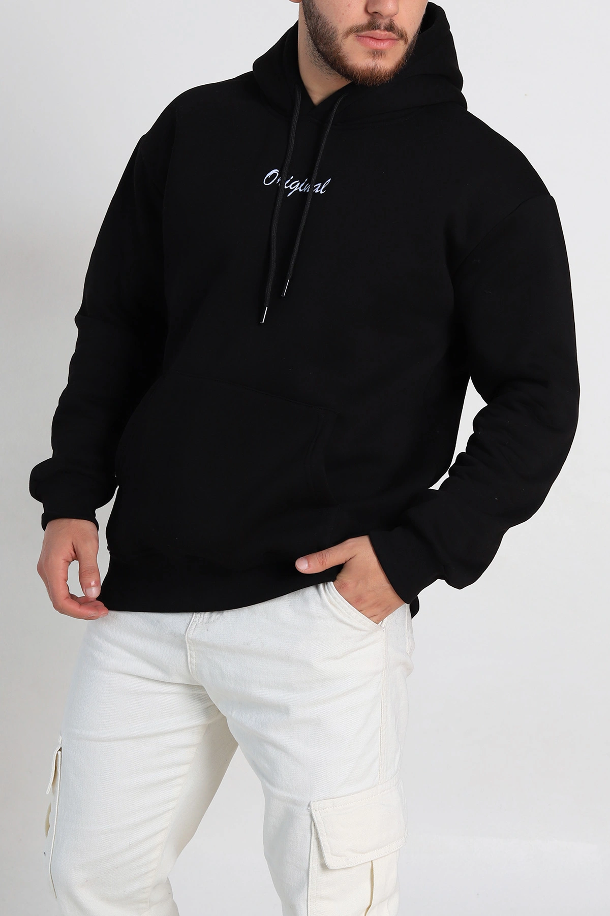 Siyah Oversize Üç İp Şardonlu Yazı Detaylı Kapüşonlu Erkek Sweatshirt 310962