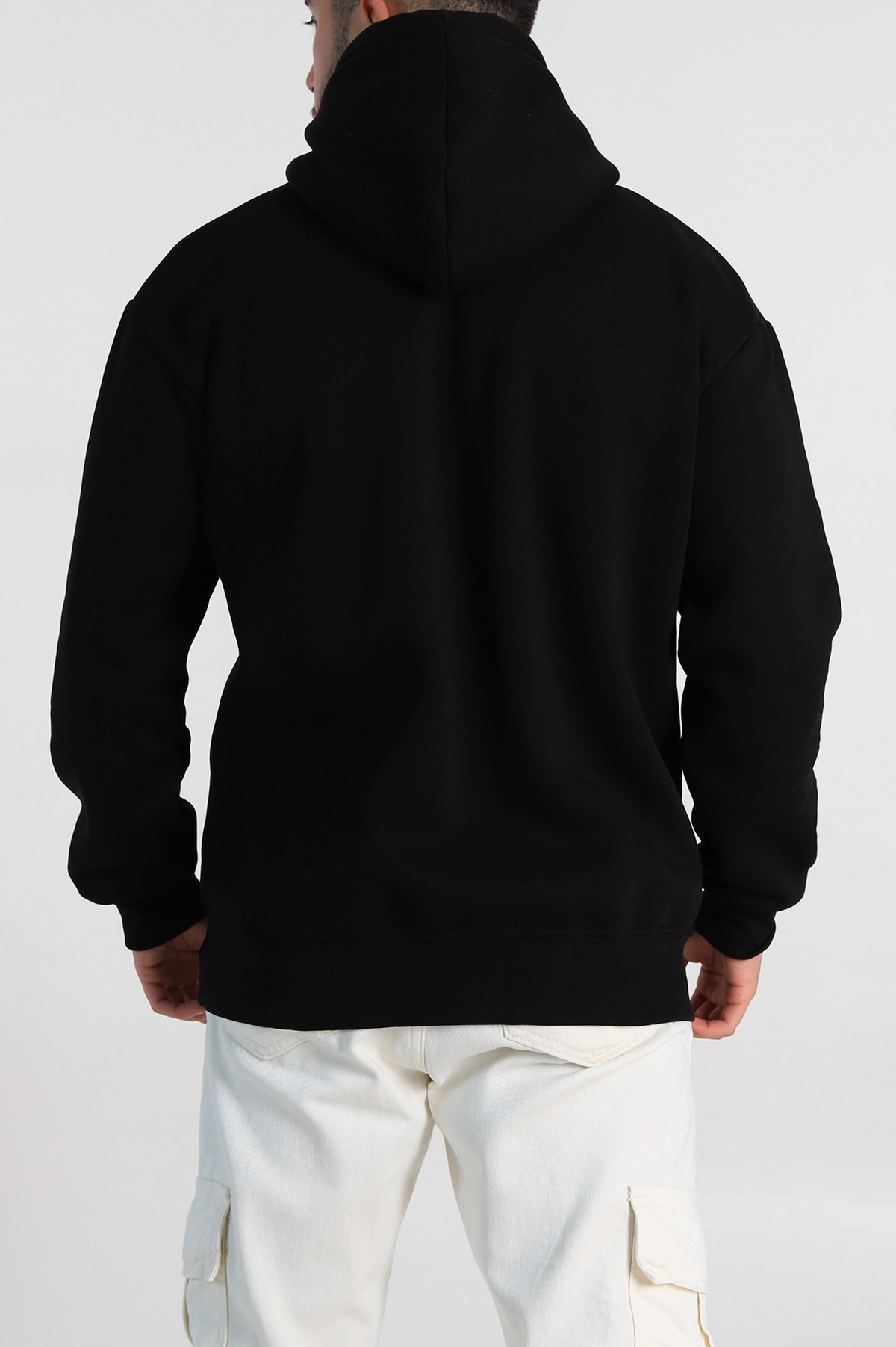 Siyah Oversize Üç İp Şardonlu Yazı Detaylı Kapüşonlu Erkek Sweatshirt 310962