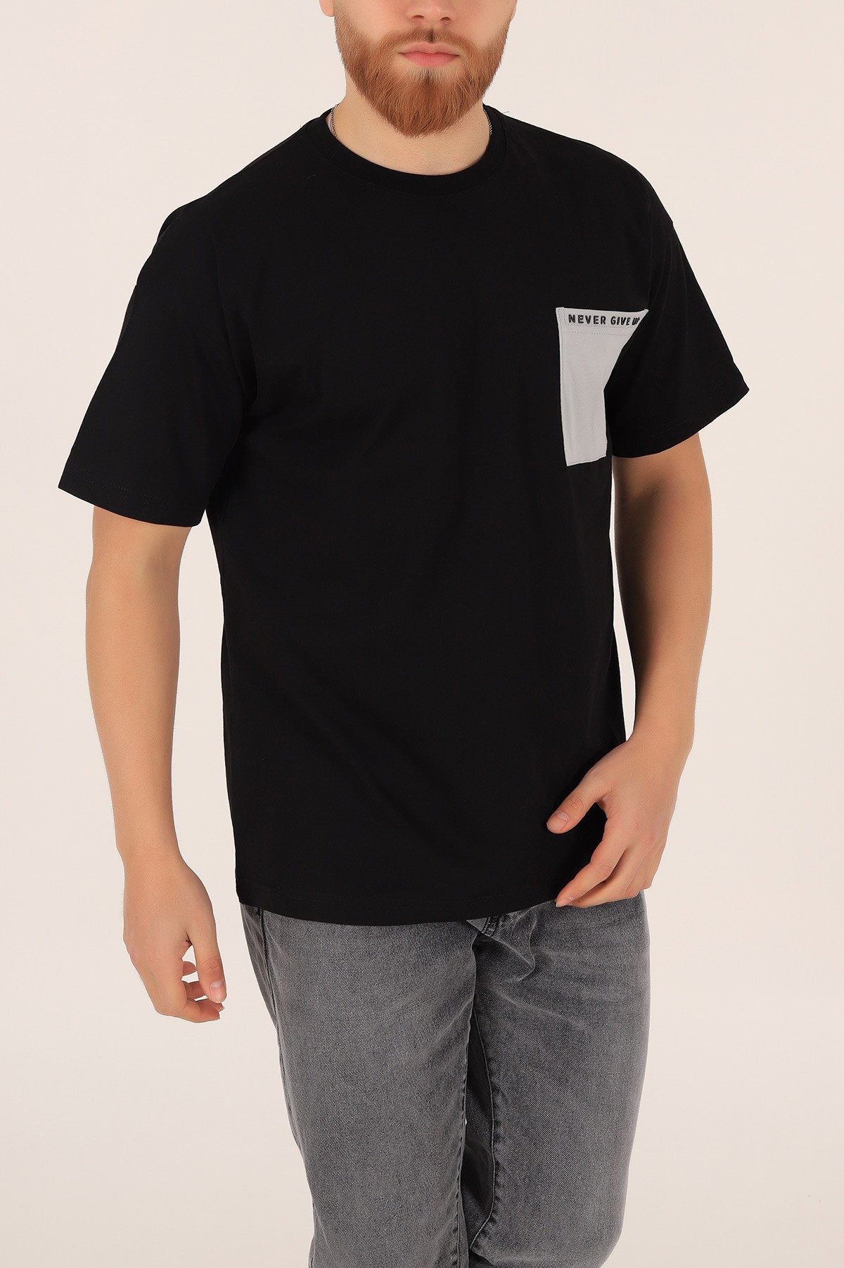Siyah Oversize Yazı Baskılı Cep Detay 169644