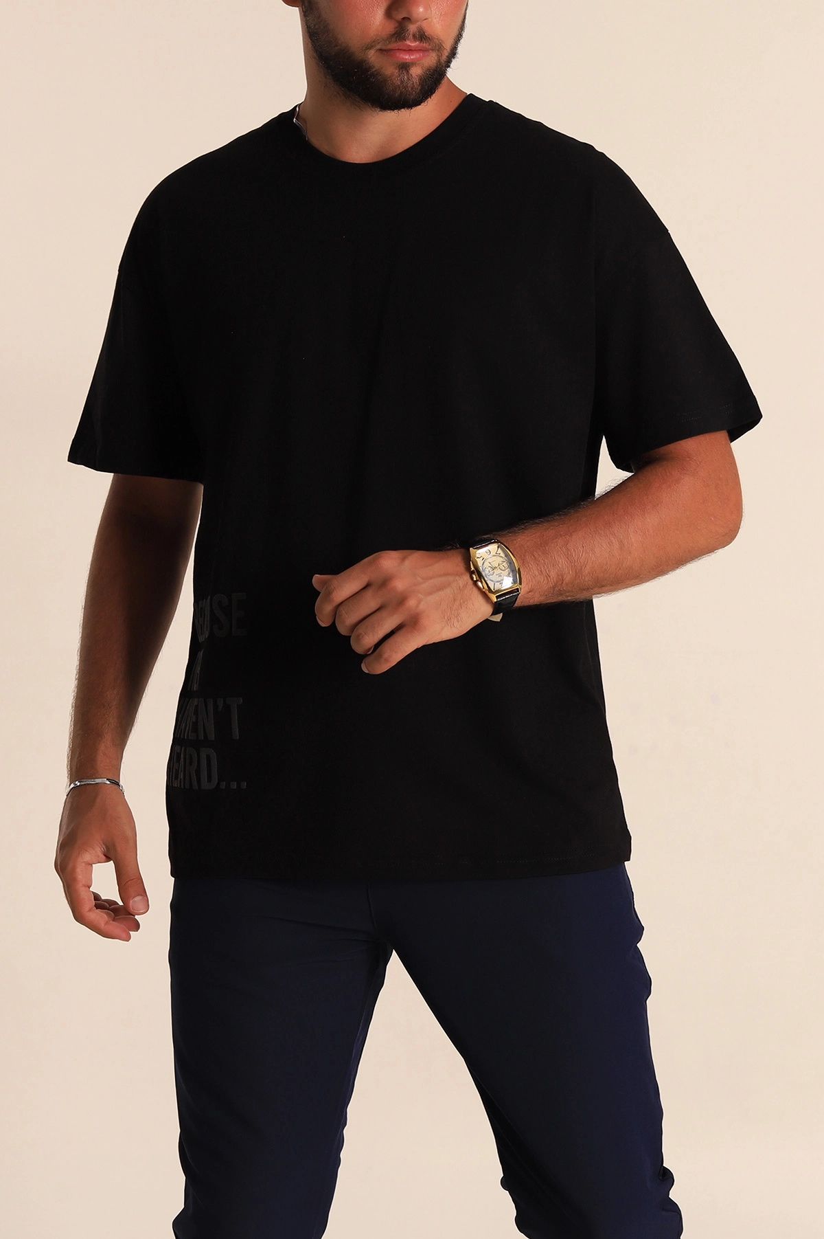 Siyah Oversize Yazı Detaylı Erkek Tişört 247943