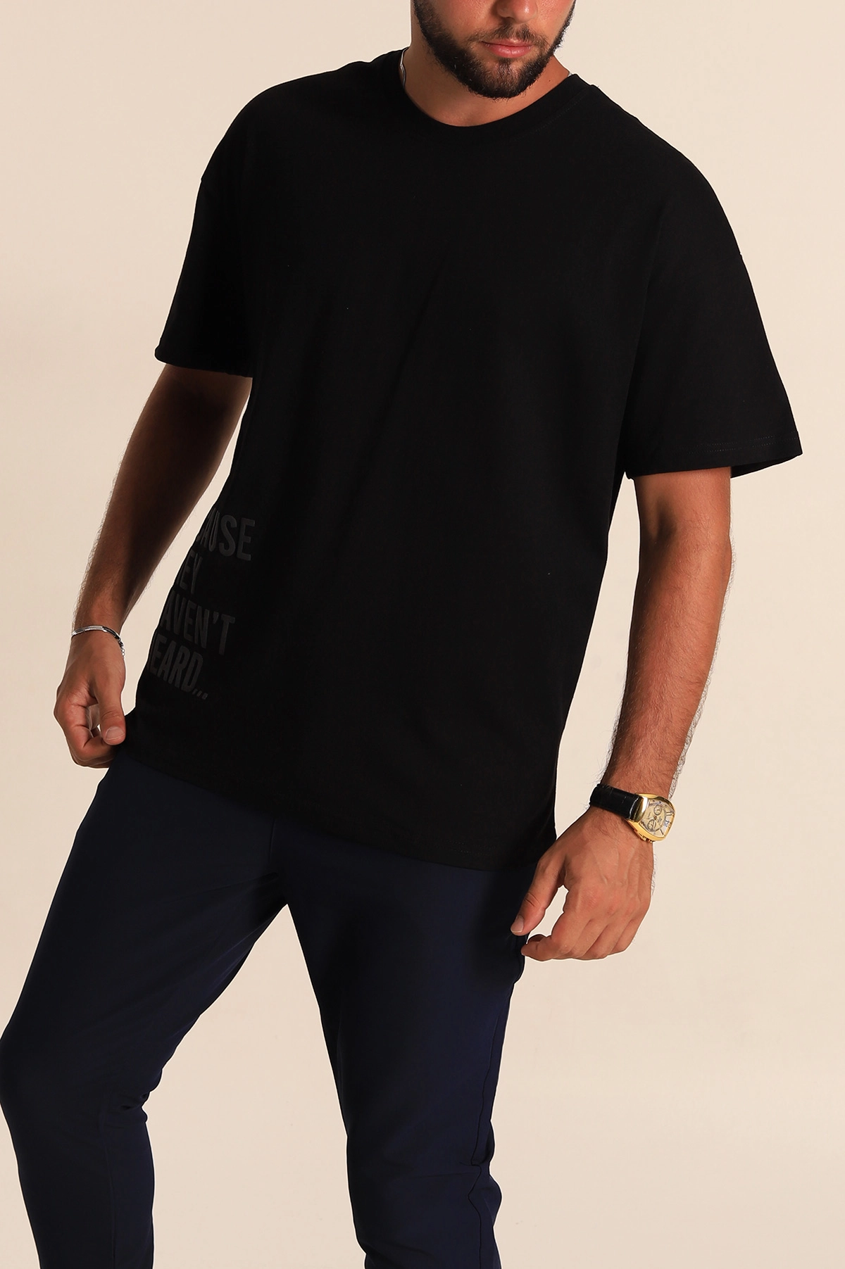 Siyah Oversize Yazı Detaylı Erkek Tişört 247943