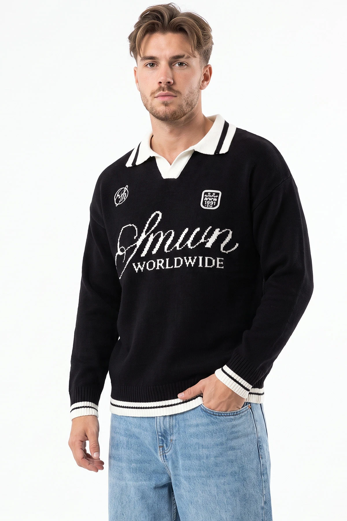 Siyah Oversize Yazı Detaylı Polo Yaka Erkek Triko Kazak 491833