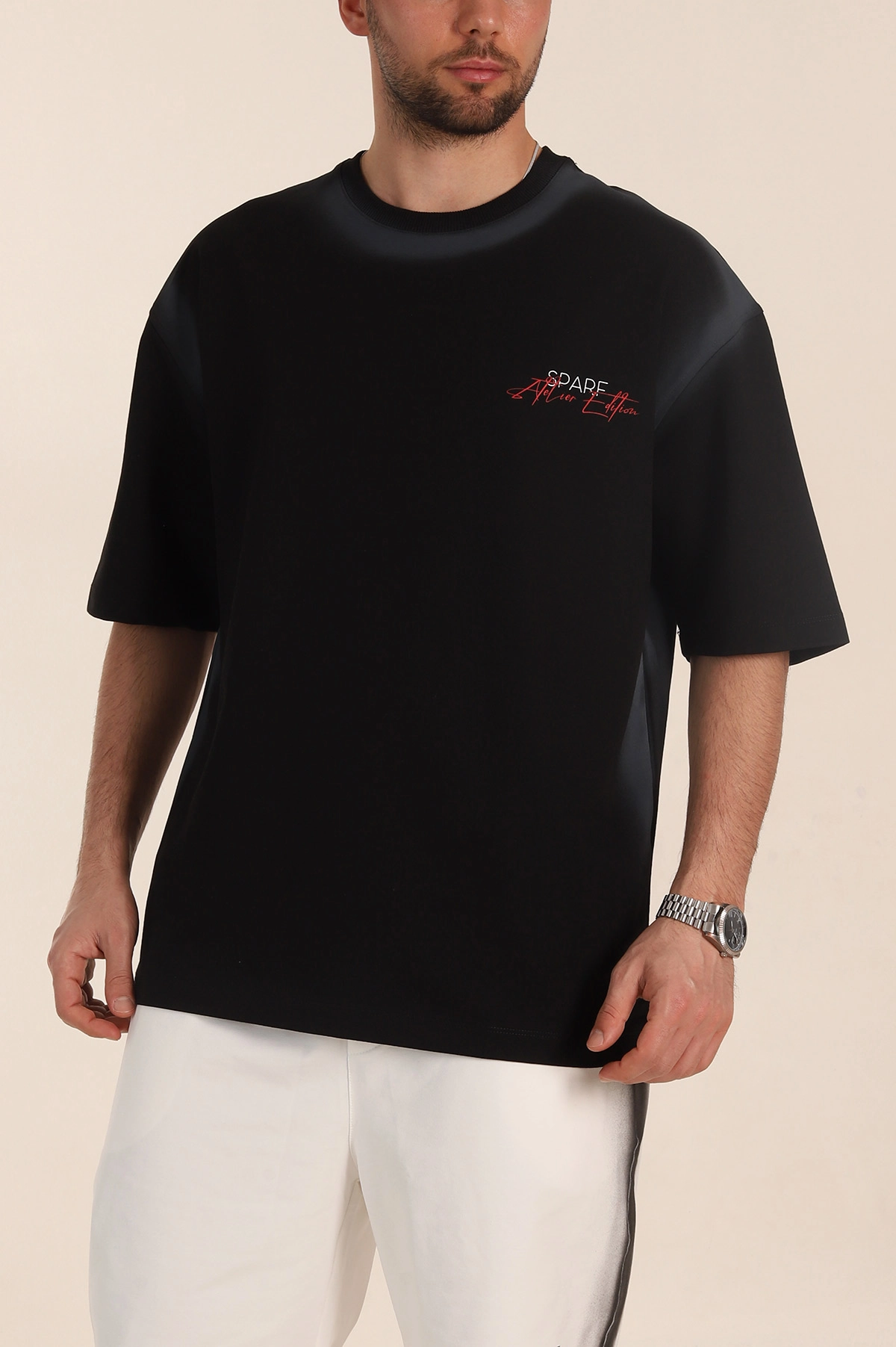 Siyah Oversize Yazı Detaylı Yıkamalı Erkek Tişört 354073