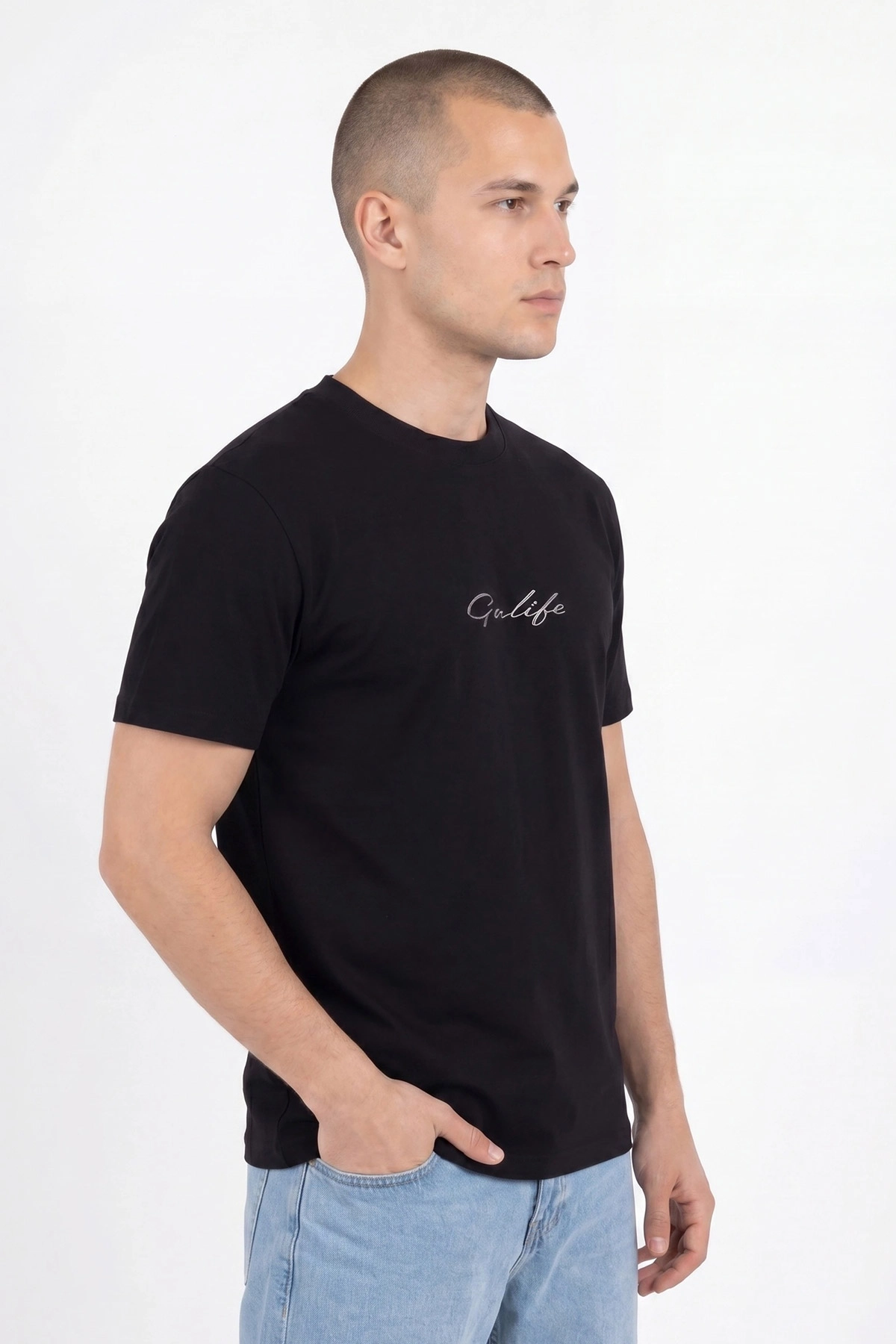 Siyah Oversize Bisiklet Yaka Yazı Detaylı Erkek Tişört 454075