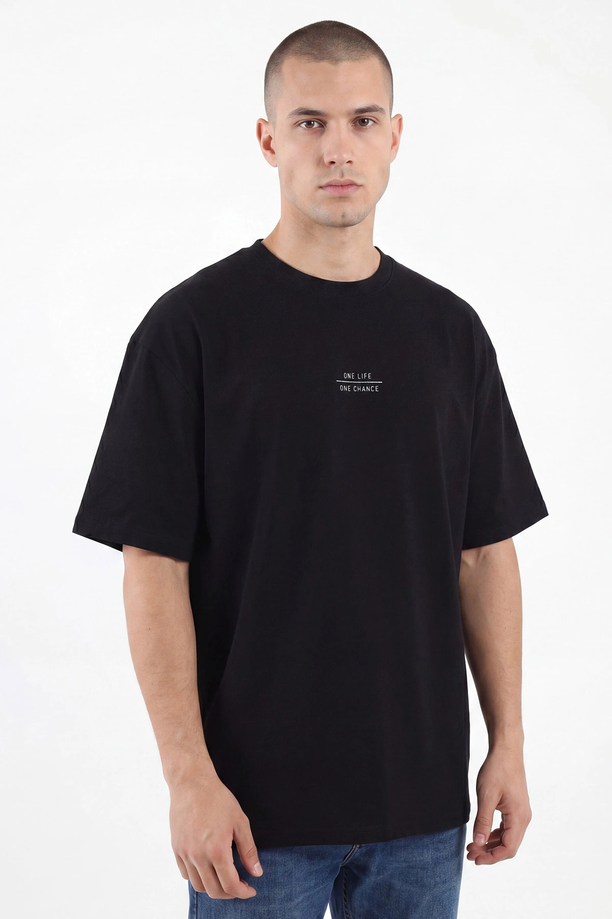Siyah Oversize Bisiklet Yaka Yazı Detaylı Erkek Tişört 454078