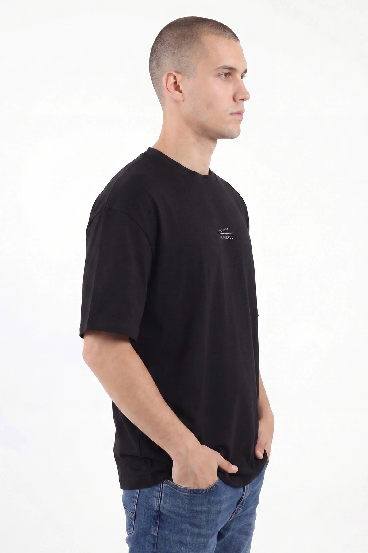 Siyah Oversize Bisiklet Yaka Yazı Detaylı Erkek Tişört 454078