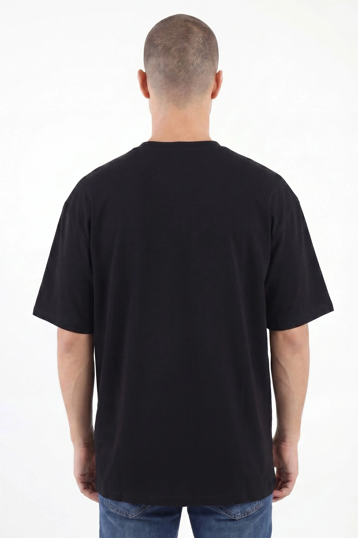 Siyah Oversize Bisiklet Yaka Yazı Detaylı Erkek Tişört 454078