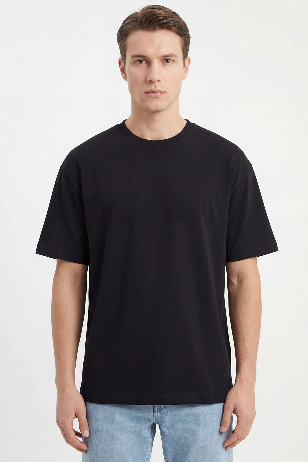 Siyah Oversize Oysho Kumaş Bisiklet Yaka Erkek Tişört 453868